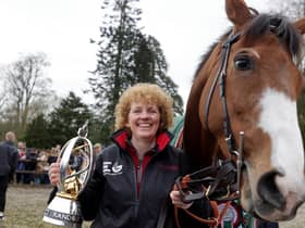 Corach Rambler and trainer Lucinda Russell during the Randox Grand National winners homecoming at Arlary House Stables, Kinross. Picture date: Sunday April 16, 2023.