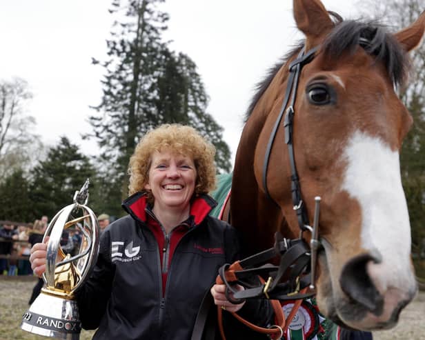 Corach Rambler and trainer Lucinda Russell during the Randox Grand National winners homecoming at Arlary House Stables, Kinross. Picture date: Sunday April 16, 2023.