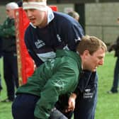 Doddie Weir and Gary Armstrong during a training session at Murrayfield ahead of the 1998 Calcutta Cup. Photo by Chris Bacon/PA.