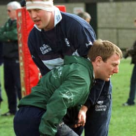 Doddie Weir and Gary Armstrong during a training session at Murrayfield ahead of the 1998 Calcutta Cup. Photo by Chris Bacon/PA.