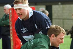 Doddie Weir and Gary Armstrong during a training session at Murrayfield ahead of the 1998 Calcutta Cup. Photo by Chris Bacon/PA.