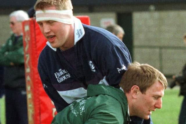 Doddie Weir and Gary Armstrong during a training session at Murrayfield ahead of the 1998 Calcutta Cup. Photo by Chris Bacon/PA.