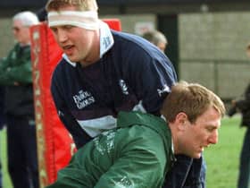 Doddie Weir and Gary Armstrong during a training session at Murrayfield ahead of the 1998 Calcutta Cup. Photo by Chris Bacon/PA.