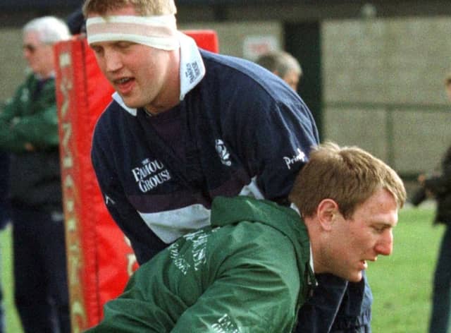 Doddie Weir and Gary Armstrong during a training session at Murrayfield ahead of the 1998 Calcutta Cup. Photo by Chris Bacon/PA.