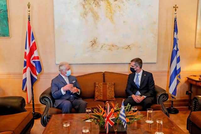 The Prince of Wales (left) with Mayor of Athens Kostas Bakoyannis at Athens City Hall for a signing of the Terra Carta and a presentation of the Gold Medal of Athens to the Prince.