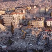 An aerial photo shows collapsed buildings in Antakya. Picture: Hassan Ayadi/AFP via Getty Images