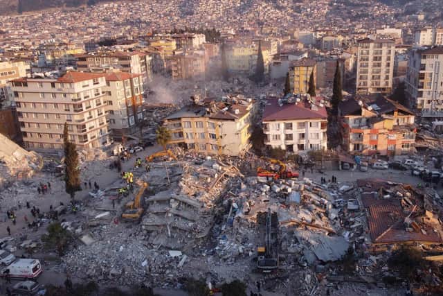 An aerial photo shows collapsed buildings in Antakya. Picture: Hassan Ayadi/AFP via Getty Images