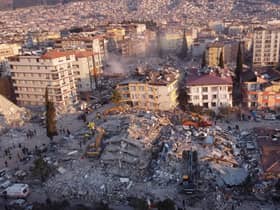 An aerial photo shows collapsed buildings in Antakya. Picture: Hassan Ayadi/AFP via Getty Images
