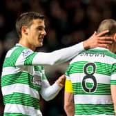 Aleksandar Tonev claps Celtic captain Scott Brown, who says he "stuck up" for the Bulgarian over his 2014 racial abuse of soon-to-be Aberdeen team-mate Shay Logan because Tonev "swore he didn't do it". [Photo by Sammy Turner/SNS Group).