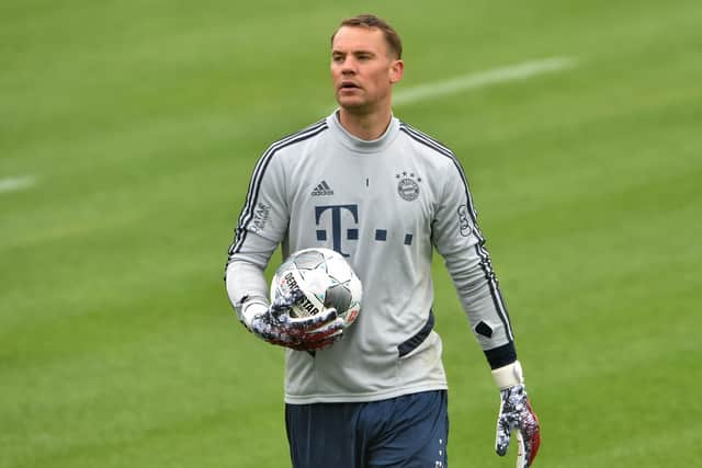 Bayern Munich's goalkeeper Manuel Neuer trains ahead of the Bundesliga's resumption.