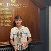 Longniddry's James Morgan shows off the Tennant Cup after his weekend win over two two rounds at Gailes Links then another two at Killermont in Glasgow.