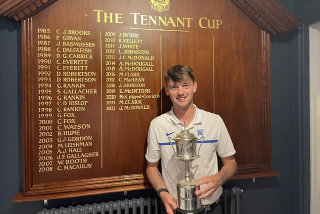 Longniddry's James Morgan shows off the Tennant Cup after his weekend win over two two rounds at Gailes Links then another two at Killermont in Glasgow.