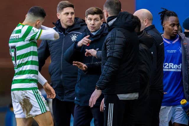 John Kennedy shares a difference of opinion with Rangers manager Steven Gerrard during the 1-0 defeat away to the Ibrox men in January, which the now Celtic interim says Celtic dominated until Nir Bitton's red card around the hour mark. (Photo by Craig Williamson / SNS Group)