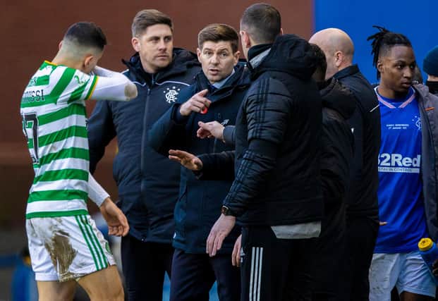 John Kennedy shares a difference of opinion with Rangers manager Steven Gerrard during the 1-0 defeat away to the Ibrox men in January, which the now Celtic interim says Celtic dominated until Nir Bitton's red card around the hour mark. (Photo by Craig Williamson / SNS Group)