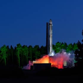 Image from Orbex of one of its rockets preparing to ignite in Scotland