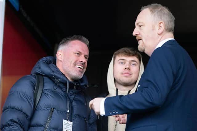 Former Liverpool defender and Sky Sports pundit Jamie Carragher talks to Inverness Caledonian Thistle CEO before the 3-1 defeat against Hibs. Carragher's son James was playing for Inverness  (Photo by Paul Devlin / SNS Group)