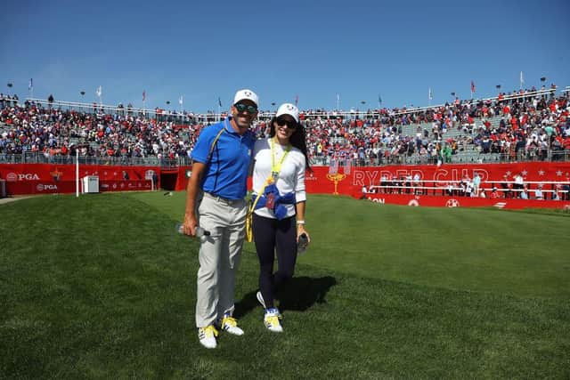 Sergio Garcia and wife Angela enjoy the Spaniard's latest record feats in the Ryder Cup. Picture: Andrew Redington/Getty Images.