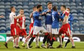 Rangers and Slavia Prague players clash after Ondrej Kudela's alleged comments to Glen Kamara during the UEFA Europa League round of 16 second leg match at Ibrox (Photo by Alan Harvey / SNS Group)
