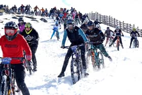 The participants descend over 900m from the summit of Aonach Mor in the Nevis Range near Fort William.