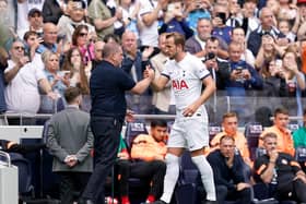 Harry Kane with Tottenham manager Ange Postecoglou after being substituted during the pre-season friendly win over Shakhtar Donetsk on Sunday.