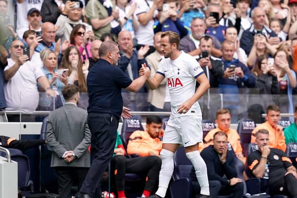 Harry Kane with Tottenham manager Ange Postecoglou after being substituted during the pre-season friendly win over Shakhtar Donetsk on Sunday.