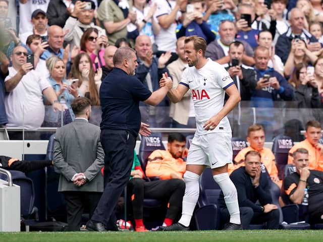 Harry Kane with Tottenham manager Ange Postecoglou after being substituted during the pre-season friendly win over Shakhtar Donetsk on Sunday.