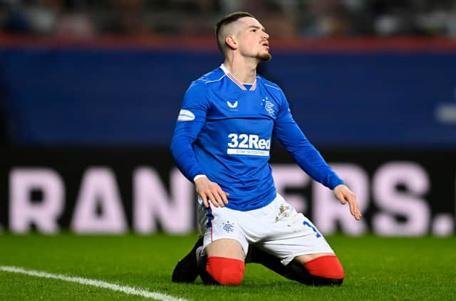 Ryan Kent after missing a chance during the first half at Ibrox. Picture: SNS