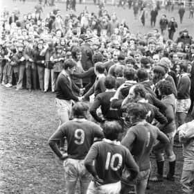 Hawick have won the Border League 49 times and receive the trophy here in April 1973 after beating Gala. Picture: Ian Brand