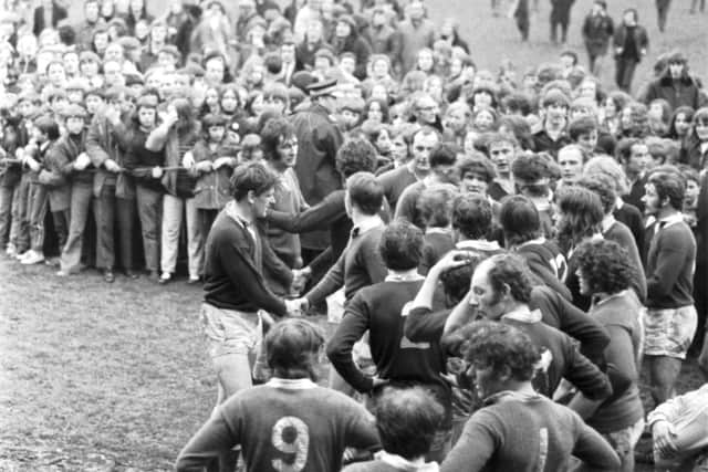 Hawick have won the Border League 49 times and receive the trophy here in April 1973 after beating Gala. Picture: Ian Brand