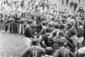 Hawick have won the Border League 49 times and receive the trophy here in April 1973 after beating Gala. Picture: Ian Brand