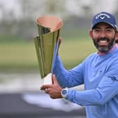 Pablo Larrazabal poses with the trophy after wining the Korea Championship Presented by Genesis at Jack Nicklaus Golf Club Korea in Incheon. Picture: Jung Yeon-JE/AFP via Getty Images.