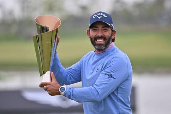 Pablo Larrazabal poses with the trophy after wining the Korea Championship Presented by Genesis at Jack Nicklaus Golf Club Korea in Incheon. Picture: Jung Yeon-JE/AFP via Getty Images.