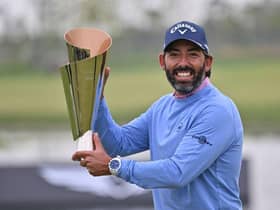 Pablo Larrazabal poses with the trophy after wining the Korea Championship Presented by Genesis at Jack Nicklaus Golf Club Korea in Incheon. Picture: Jung Yeon-JE/AFP via Getty Images.