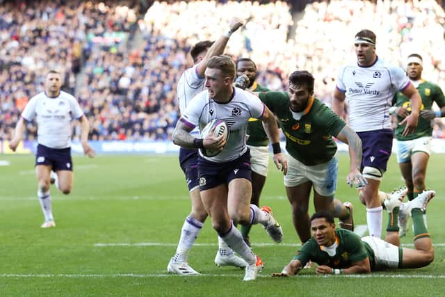 Stuart Hogg goes over to score Scotland's first try. (Photo by Ian MacNicol/Getty Images)