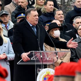 Republika Srpska leader Milorad Dodic, the Serb member of Bosnia's tripartite presidency, delivers a speech during a parade marking the Day of Republic Srpska (Picture: Elvis Barukcic/AFP via Getty Images)