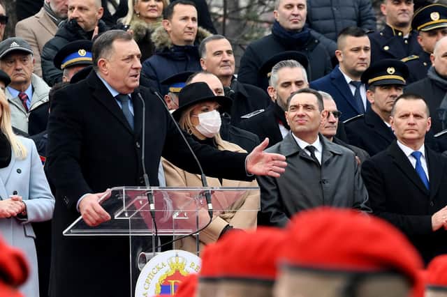 Republika Srpska leader Milorad Dodic, the Serb member of Bosnia's tripartite presidency, delivers a speech during a parade marking the Day of Republic Srpska (Picture: Elvis Barukcic/AFP via Getty Images)