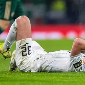 Hibs' Josh Campbell at full time during the Premier Sports Cup Final between Celtic and Hibernian at Hampden. (Photo by Ross MacDonald / SNS Group)