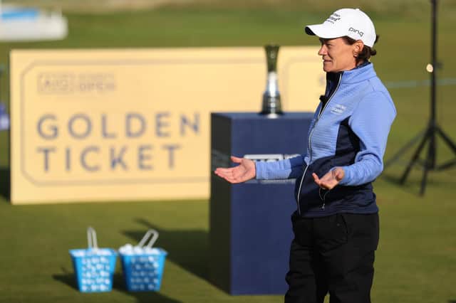 Catriona Matthew speaks at the Golden Ticket Masterclass prior to the AIG Women's Open at Carnoustie Golf Links. Picture: Warren Little/R&A/R&A via Getty Images.
