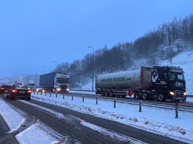 Traffic at a standstill on the M62 motorway near Kirklees, West Yorkshire, due to heavy snow in the area.