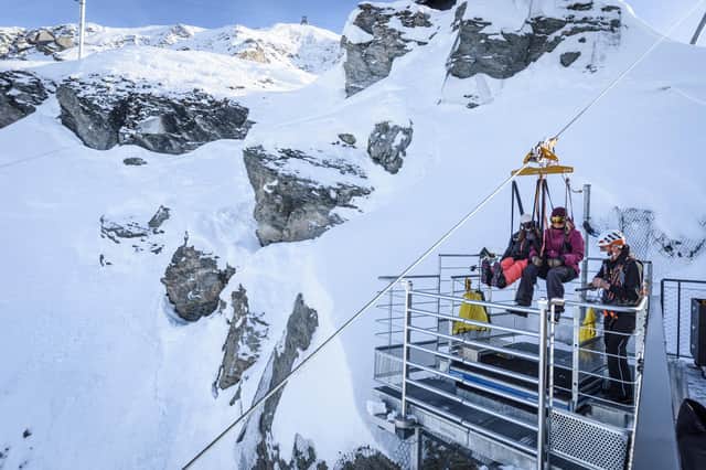 The new zipline at Les Arcs hits speeds of up to 130 kph, starting 2,680m up at the top of the Varet telecabin, and runs 1,800 metres down the mountain to the village of Arc 2000. Pic: Juliette Rebourr/PA.