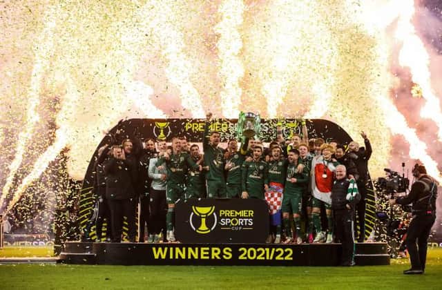 Celtic Captain Callum McGregor lifts the Premier Sports Cup Trophy. (Photo by Alan Harvey / SNS Group)