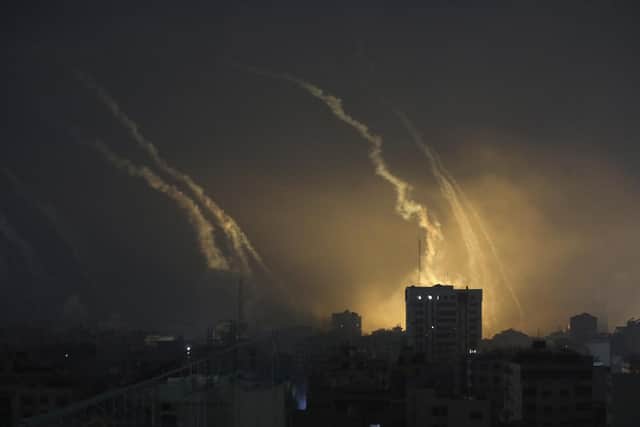Smoke and explosions caused by Israeli bombardment are seen on the horizon in northern Gaza. Picture: Abed Khaled/AP