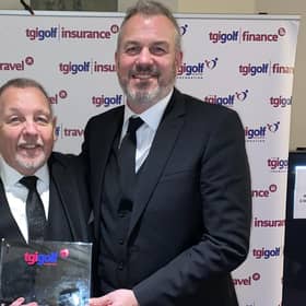 TGI Golf managing director Eddie Reid was presented with the Ian Johnston Lifetime Achievement Award by Michael Brooks, the PGA professional at Pumpherston and TGI Golf board member. Picture: TGI Golf.