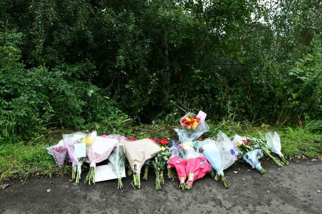 Floral tributes to Amy Rose Wilson laid near the crash scene on New Carron Road, Falkirk. Pic: Michael Gillen