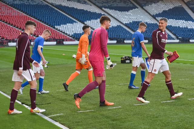 Hearts and Rangers walk out for the Youth Cup Final at Hampden Park. (Photo by Craig Foy / SNS Group)
