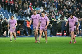 Scotland players trudge off the Stadio Olimpico pitch after defeat in Rome at the weekend (Picture: Alberto Pizzoli/AFP via Getty)