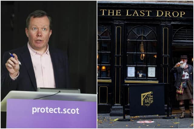 Jason Leitch left and Charles Douglas Barr drinking outside The Last Drop in Edinburgh, picture by Lisa Ferguson/JPI Media