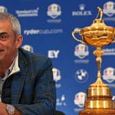 Paul McGinley, the victorious 2014 European Ryder Cup team captain, speaks with members of the media at Gleneagles. Picture: Mike Ehrmann/Getty Images.