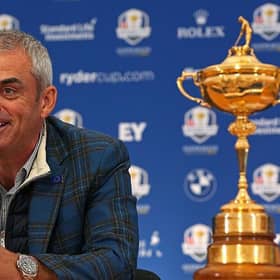 Paul McGinley, the victorious 2014 European Ryder Cup team captain, speaks with members of the media at Gleneagles. Picture: Mike Ehrmann/Getty Images.
