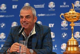 Paul McGinley, the victorious 2014 European Ryder Cup team captain, speaks with members of the media at Gleneagles. Picture: Mike Ehrmann/Getty Images.